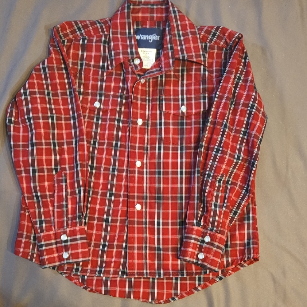 Wrangler Red Plaid Button-Down Shirt with Black & White Stripes
